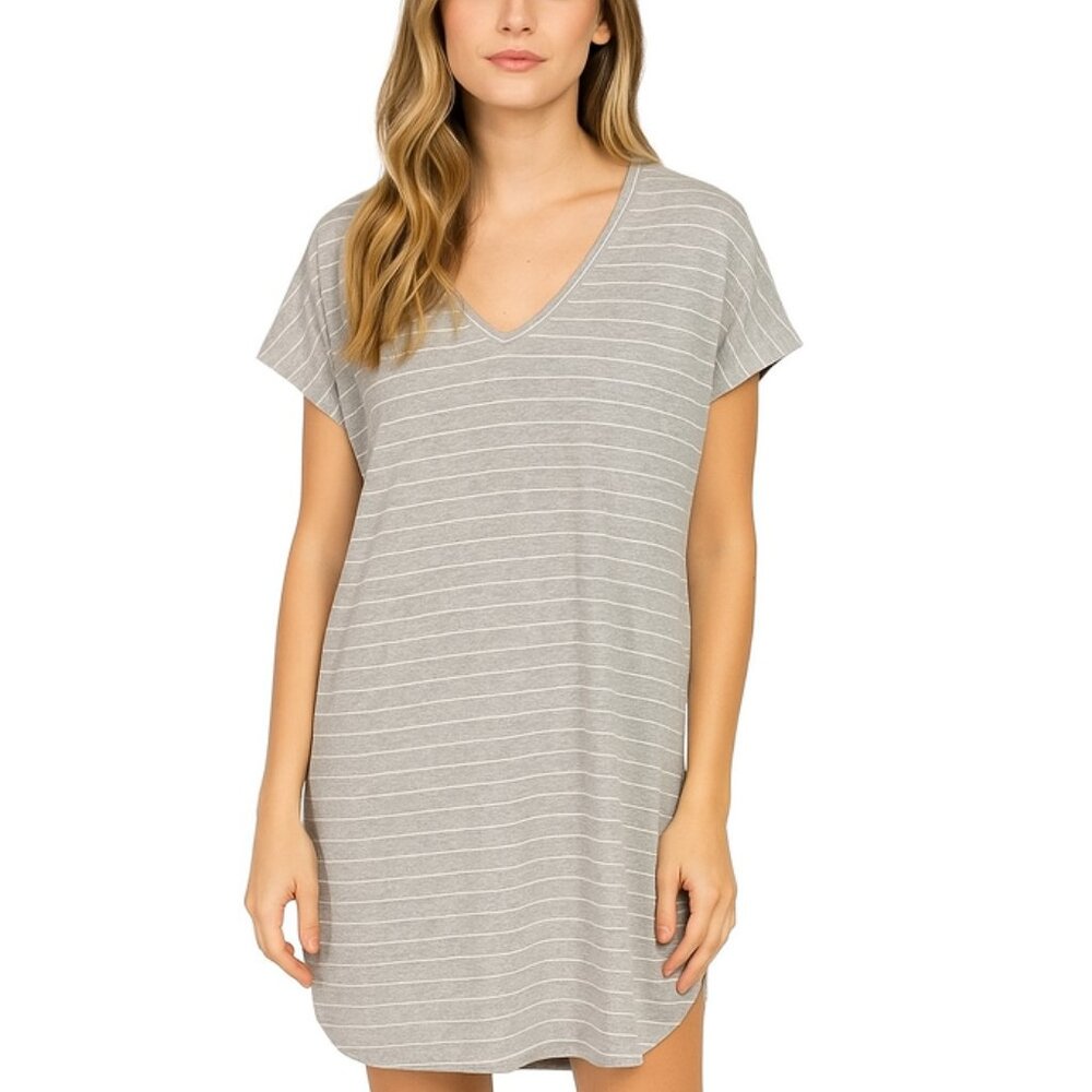 POL Women's Gray Striped Short Sleeve V-Neck Pullover Midi Dress Oversized small